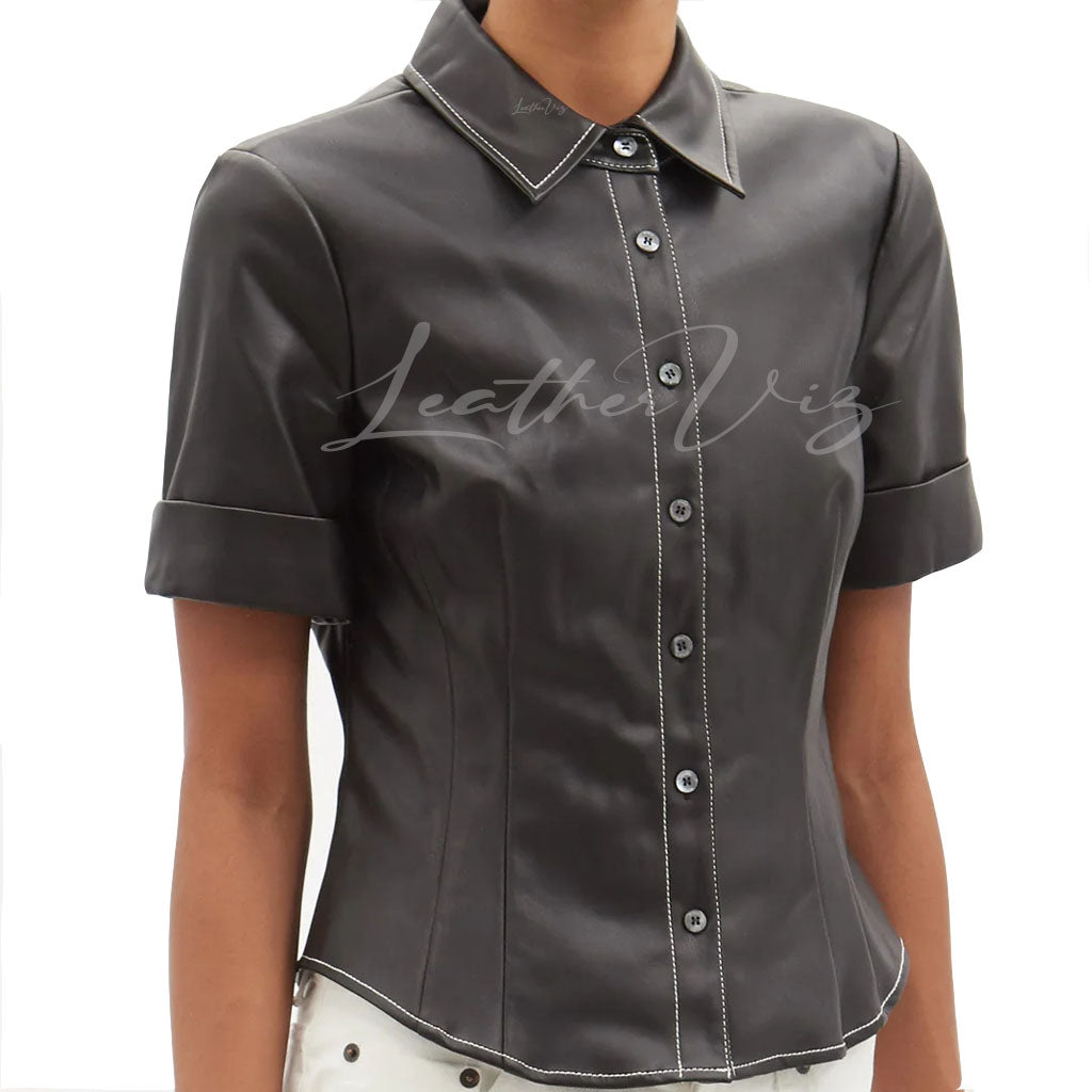 SHORT SLEEVES WOMEN BLACK LEATHER SHIRT