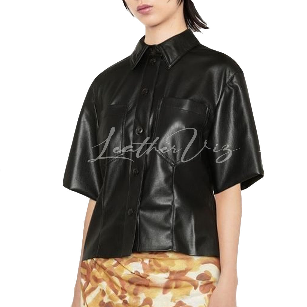 SHORT SLEEVES WOMEN LEATHER SHIRT