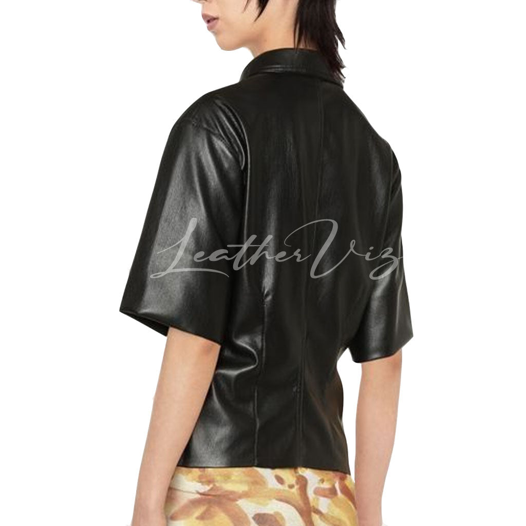 SHORT SLEEVES WOMEN LEATHER SHIRT