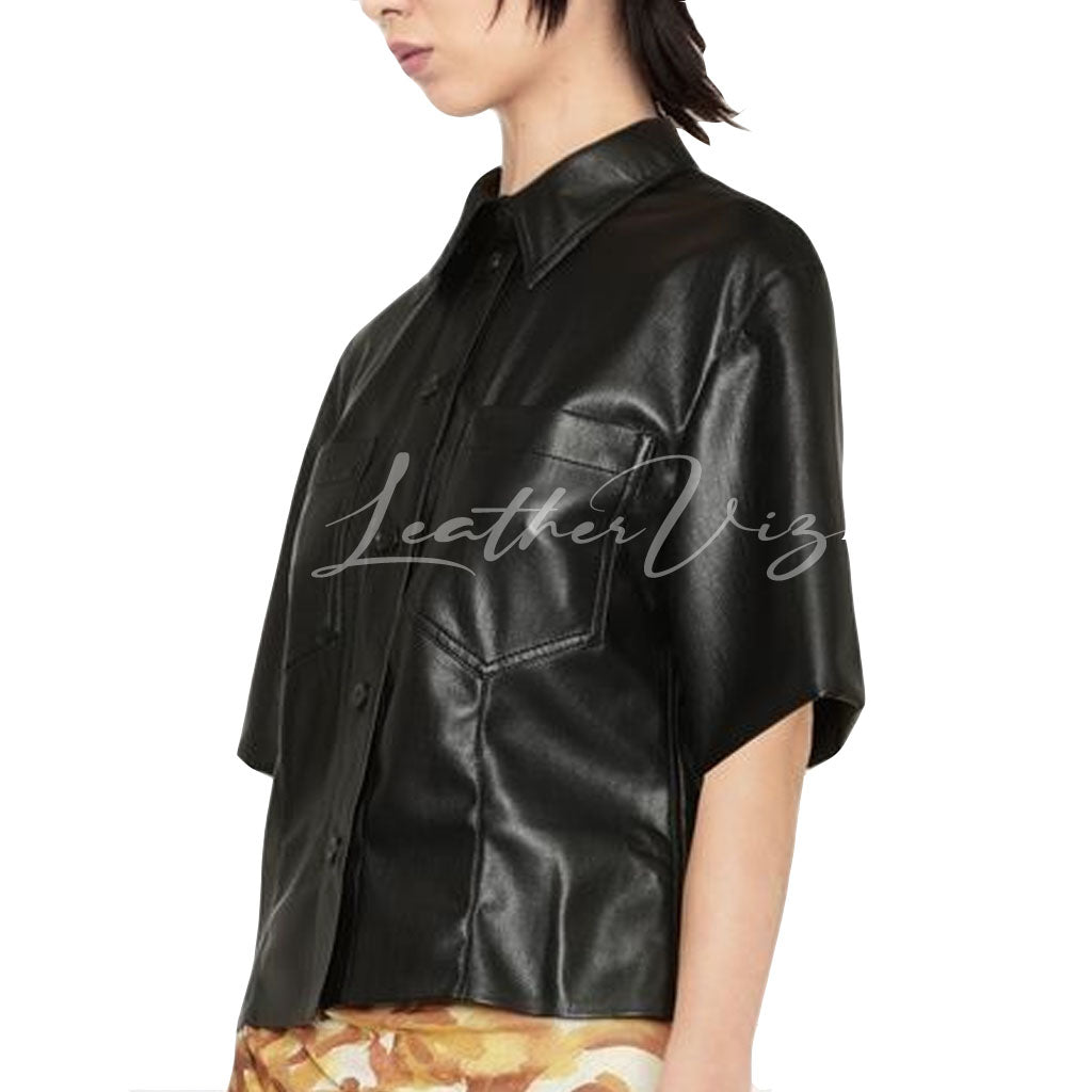 SHORT SLEEVES WOMEN LEATHER SHIRT