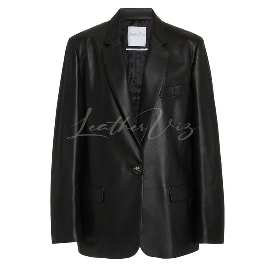 SINGLE-BREASTED BLACK WOMEN LEATHER BLAZER