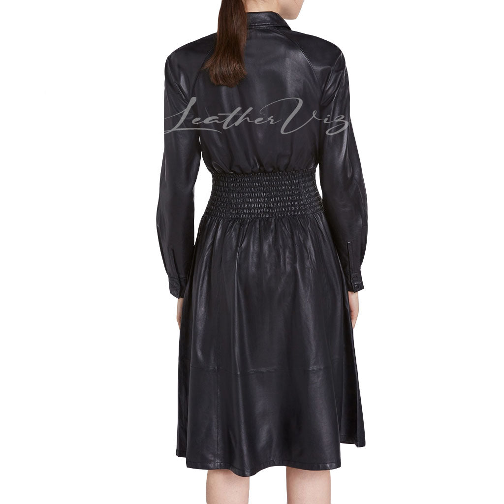 SMOCKED WAIST WOMEN LEATHER DRESS