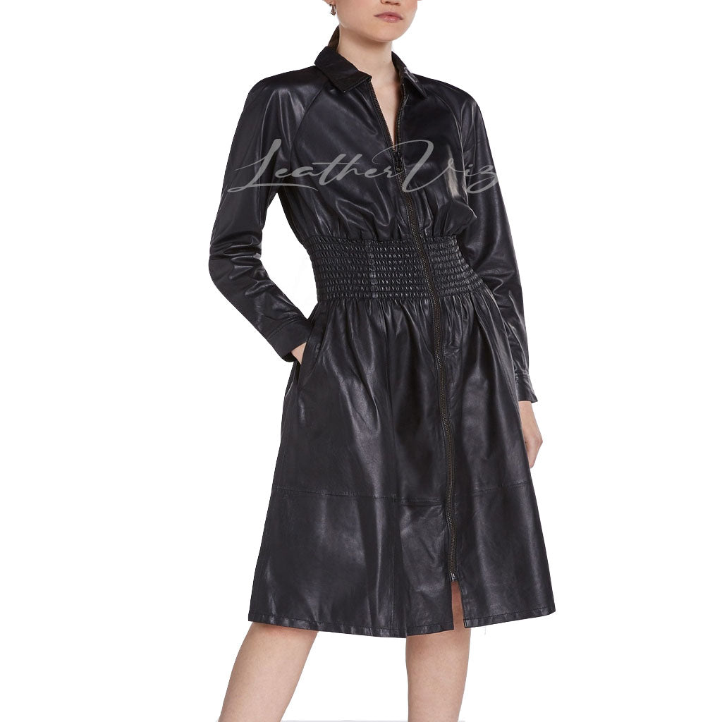 SMOCKED WAIST WOMEN LEATHER DRESS