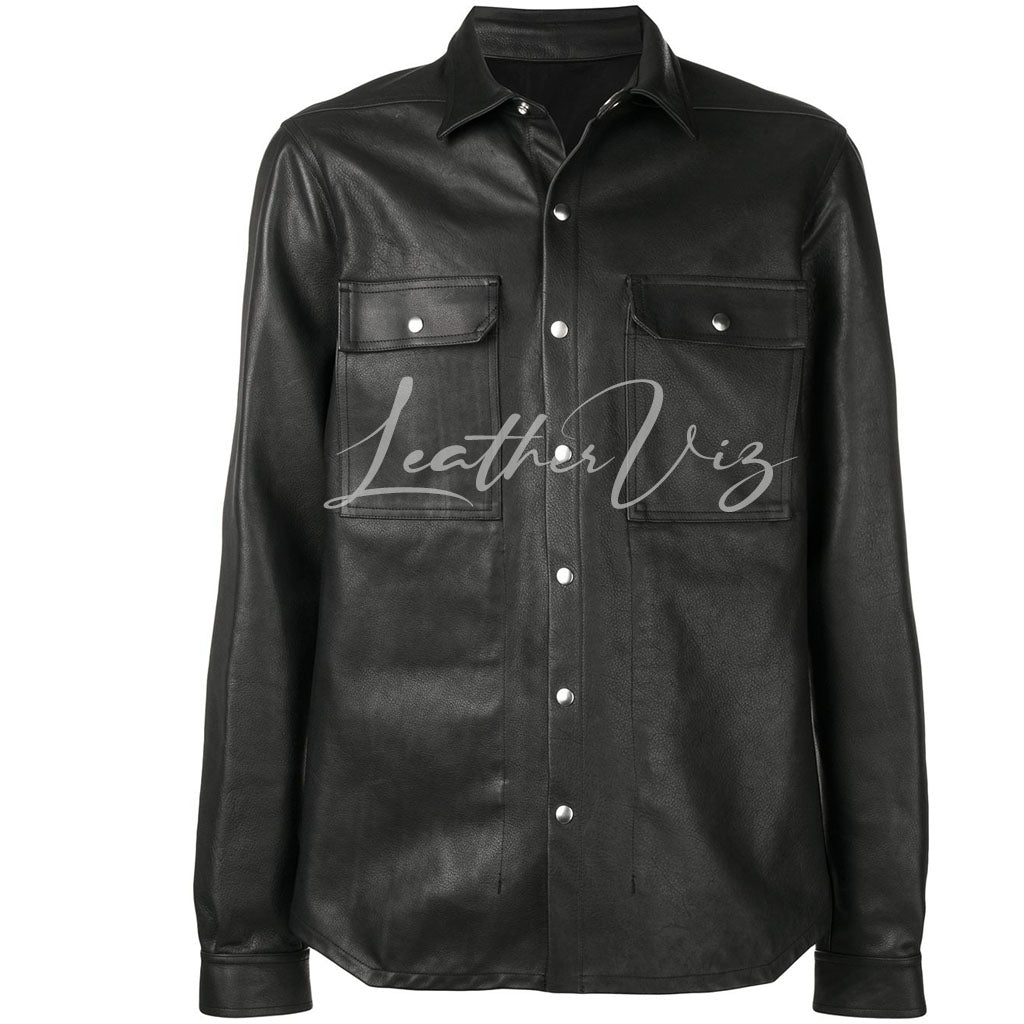 SNAP FRONT MEN BLACK LEATHER SHIRT