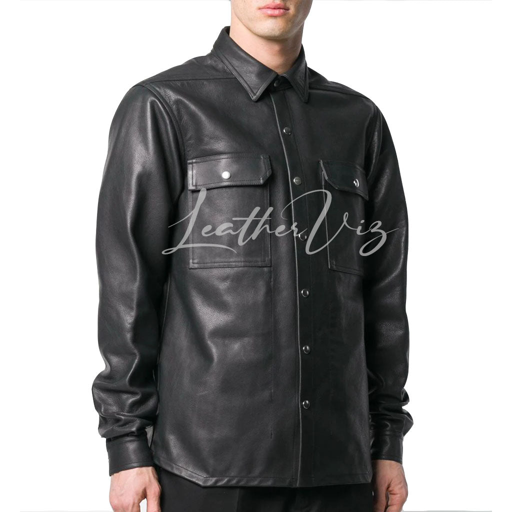 SNAP FRONT MEN BLACK LEATHER SHIRT