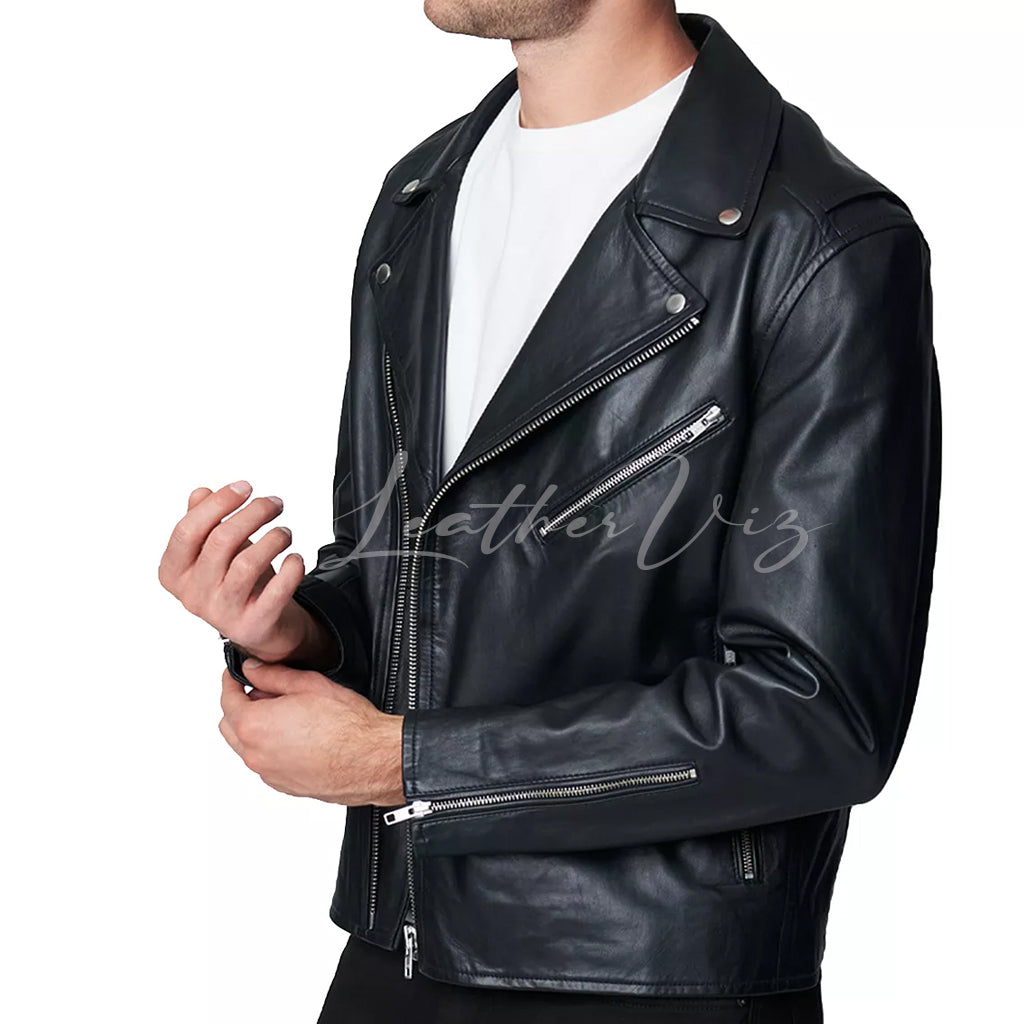 SNAP NOTCH COLLAR MEN LEATHER JACKET