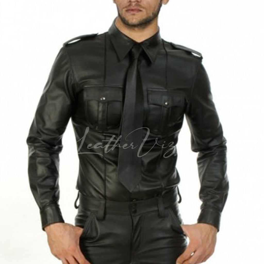 SNAP SHOULDER MEN LEATHER SHIRT