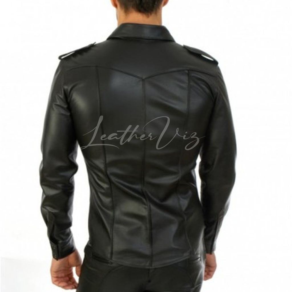 SNAP SHOULDER MEN LEATHER SHIRT