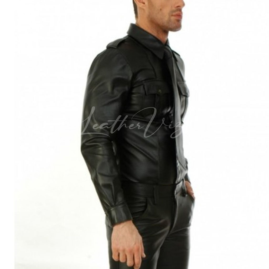 SNAP SHOULDER MEN LEATHER SHIRT