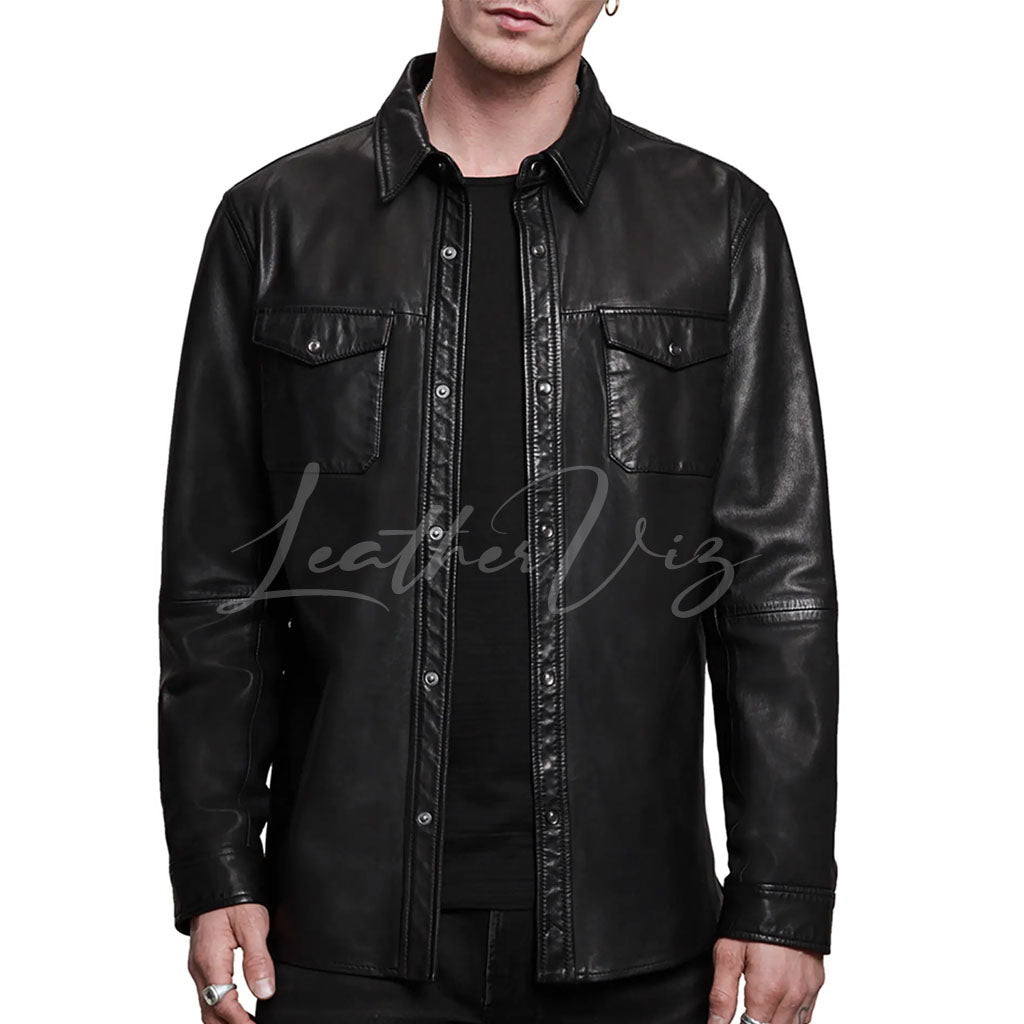 SPREAD COLLAR MEN LEATHER SHIRT