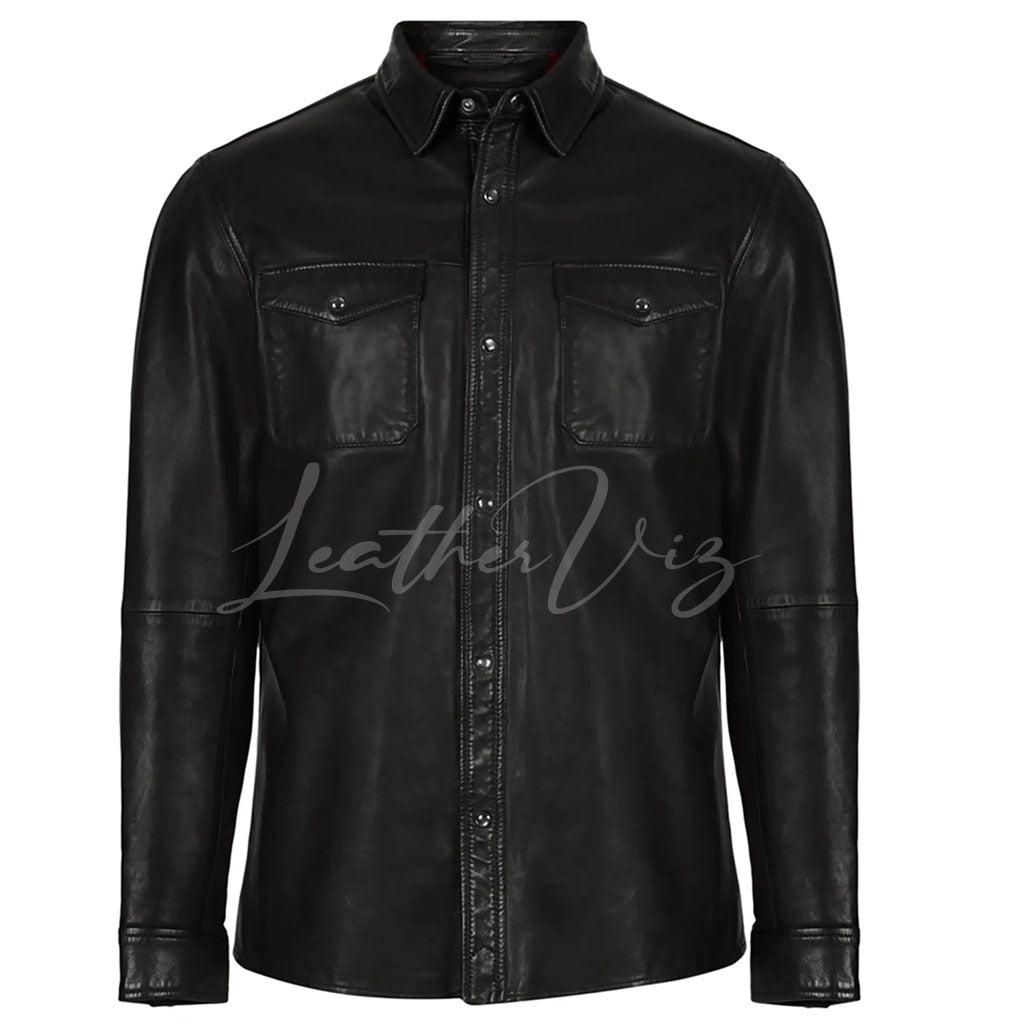 SPREAD COLLAR MEN LEATHER SHIRT