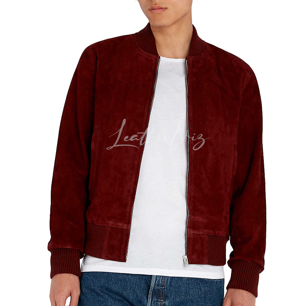 STAND COLLAR SUEDE LEATHER BOMBER JACKET