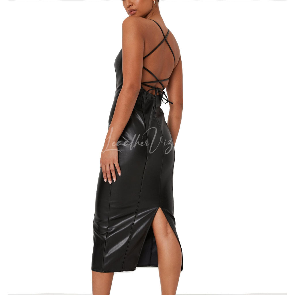 STRAPPY STRAIGHT NECK MIDI FAUX LEATHER DRESS