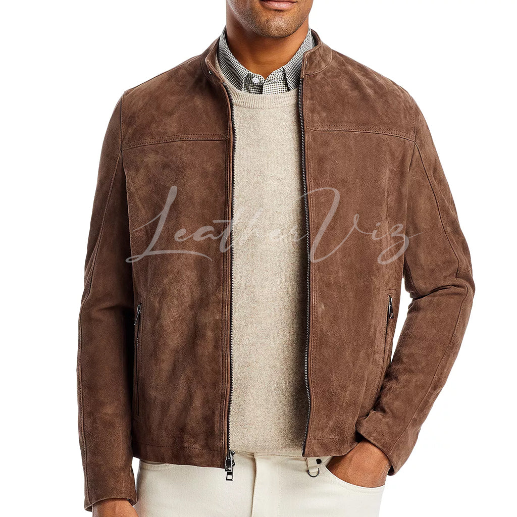 SUEDE LEATHER FULL ZIP MEN RACER JACKET