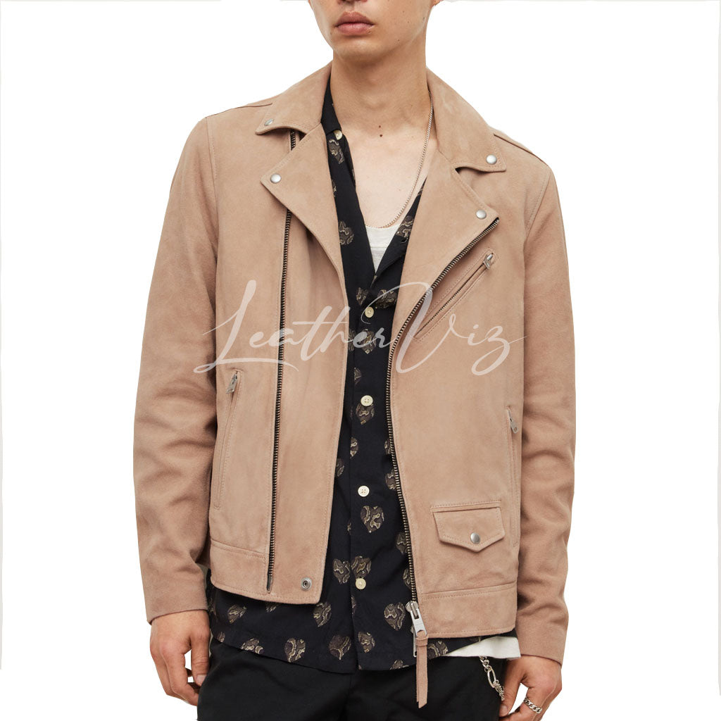 SUEDE LEATHER NOTCH COLLAR BIKER LEATHER JACKET