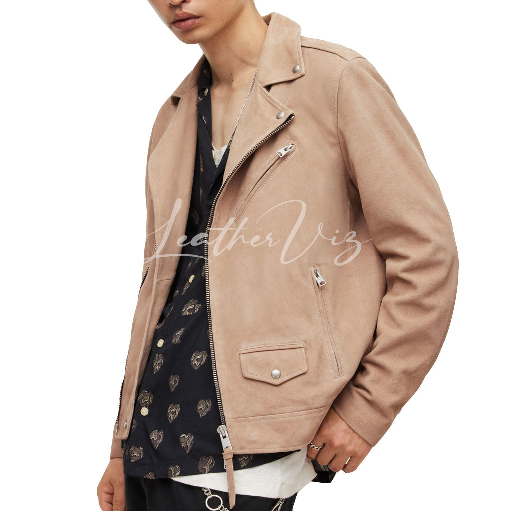 SUEDE LEATHER NOTCH COLLAR BIKER LEATHER JACKET