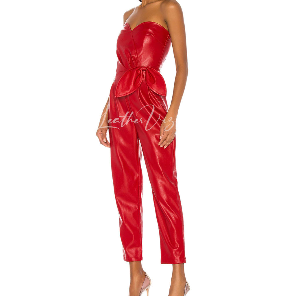 SWEET HEART NECKLINE WOMEN RED LEATHER JUMPSUIT