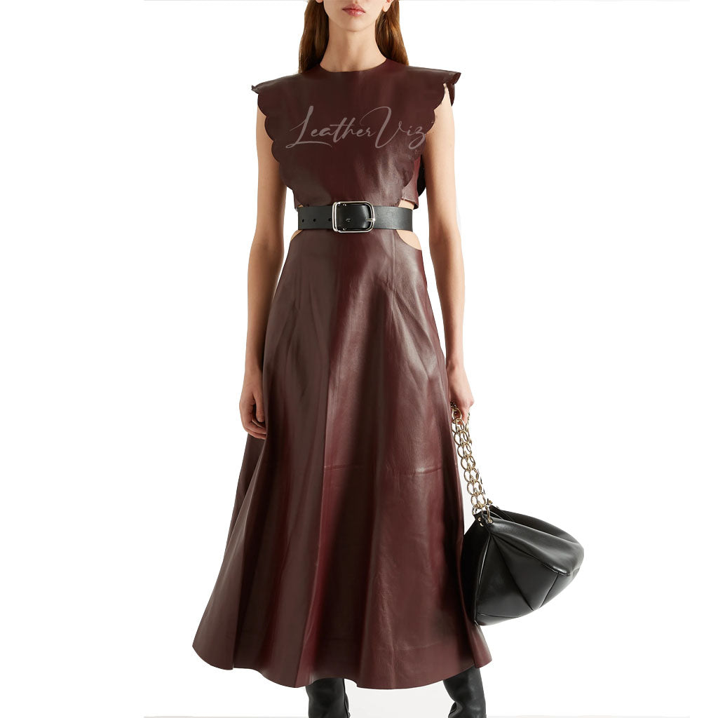 Party leather brown gown in leather