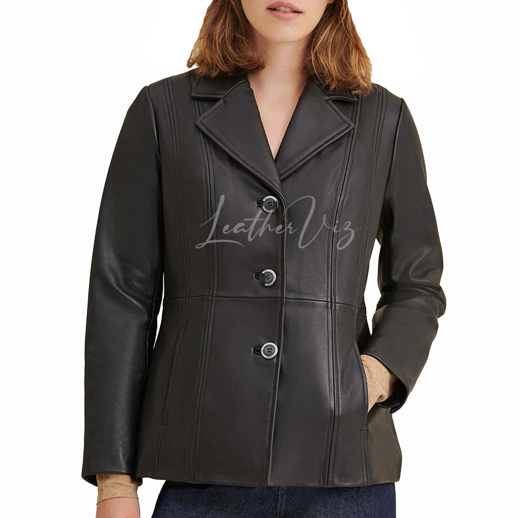 THREE BUTTON CLOSURE WOMEN LEATHER BLAZER