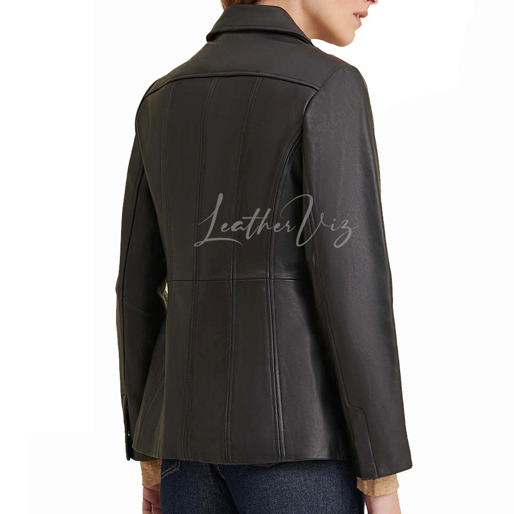 THREE BUTTON CLOSURE WOMEN LEATHER BLAZER