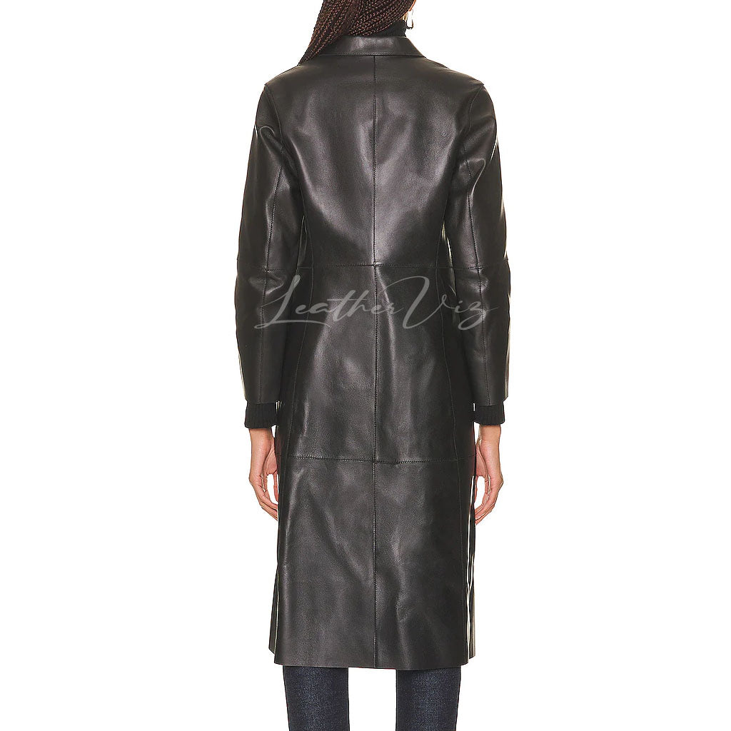 THREE BUTTON DOWN WOMEN LONG LEATHER COAT
