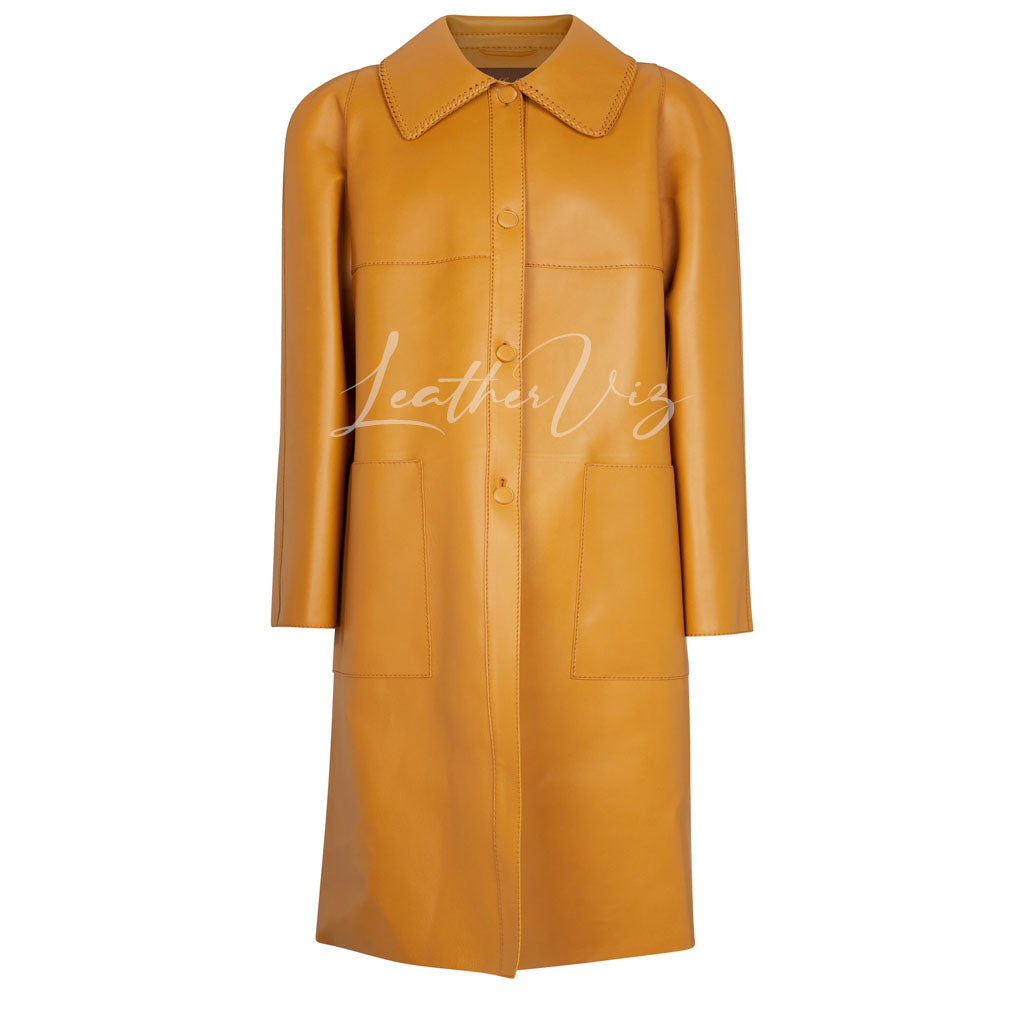 TOPSTITCHING COLLAR WOMEN LEATHER TRENCH COAT