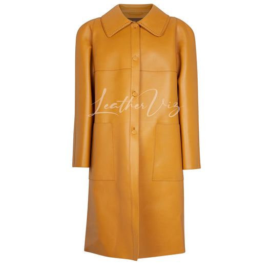 TOPSTITCHING COLLAR WOMEN LEATHER TRENCH COAT