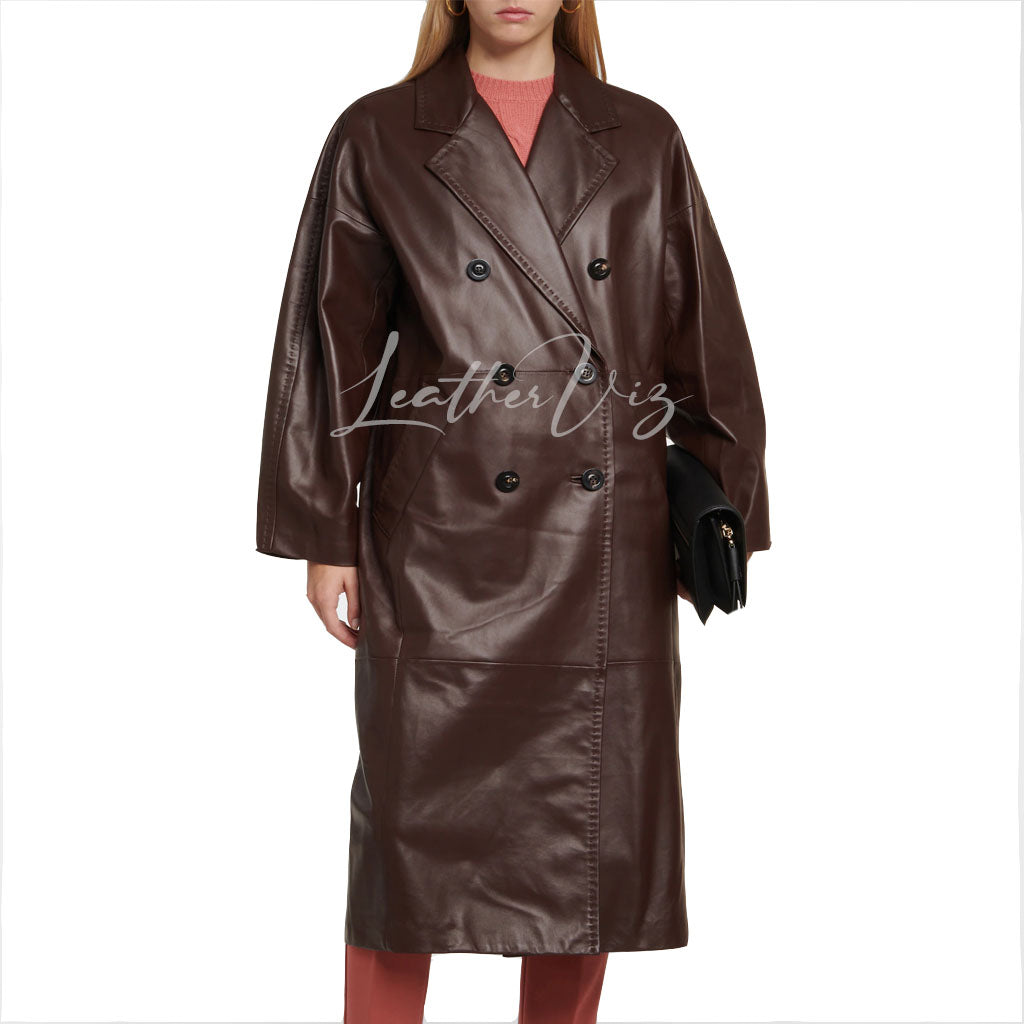 TOPSTITCHING DETAILING WOMEN LEATHER TRENCH COAT