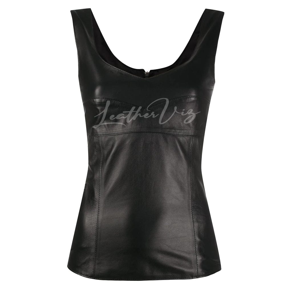 V-NECK SLEEVELESS LEATHER TOP FOR WOMEN