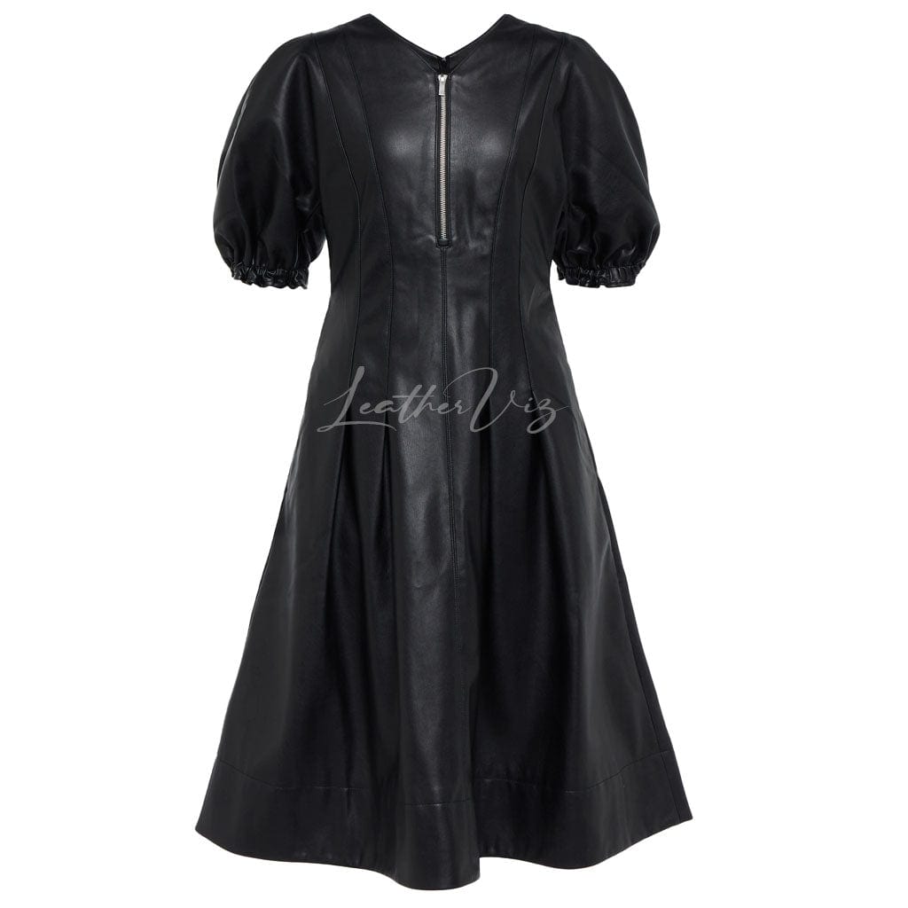 VNECKLINE FRONT ZIPPER MIDI LEATHER DRESS