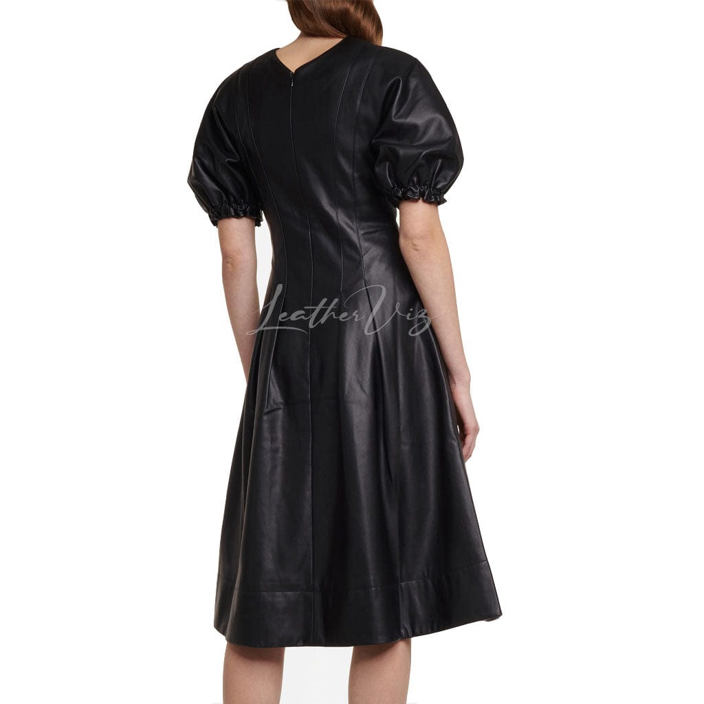 VNECKLINE FRONT ZIPPER MIDI LEATHER DRESS