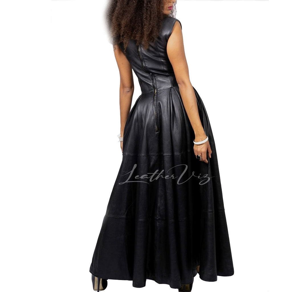 V NECKLINE HANDMADE WOMEN LEATHER GOWN