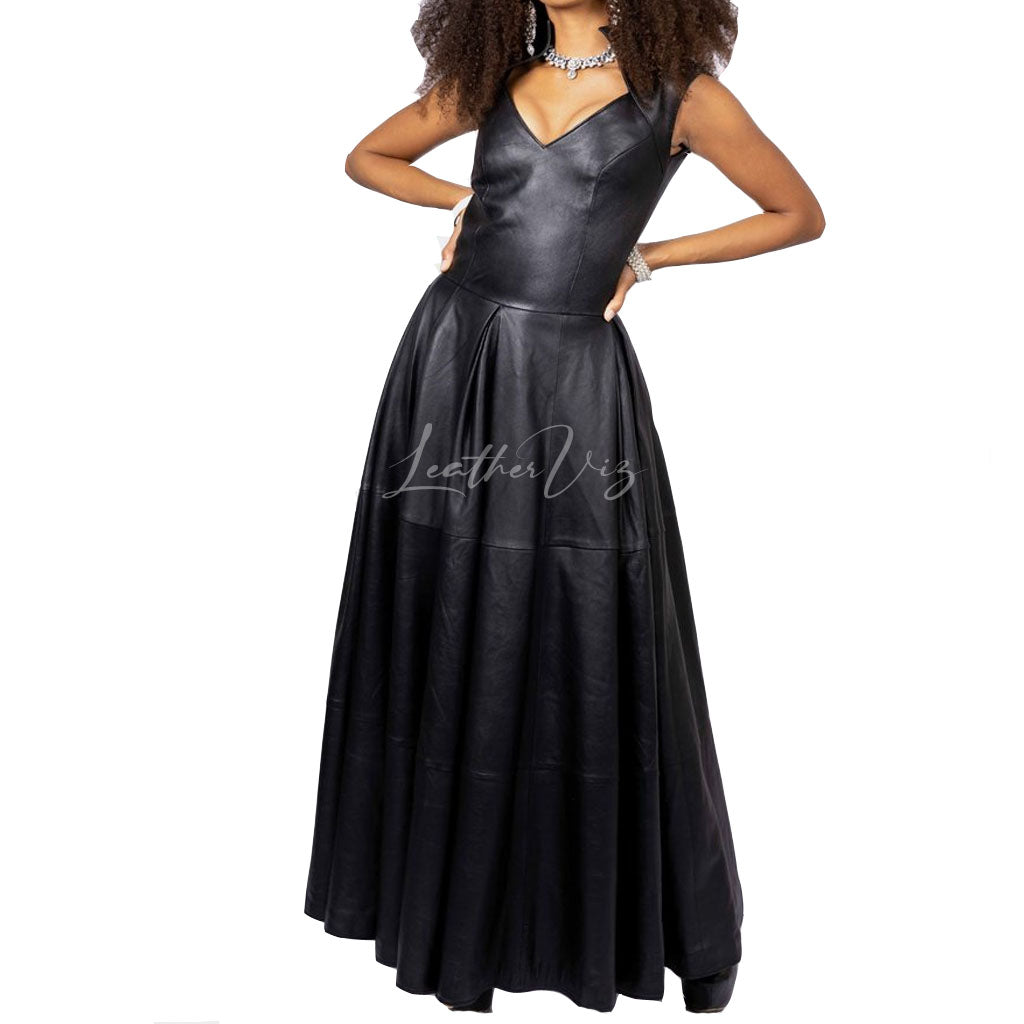 V NECKLINE HANDMADE WOMEN LEATHER GOWN