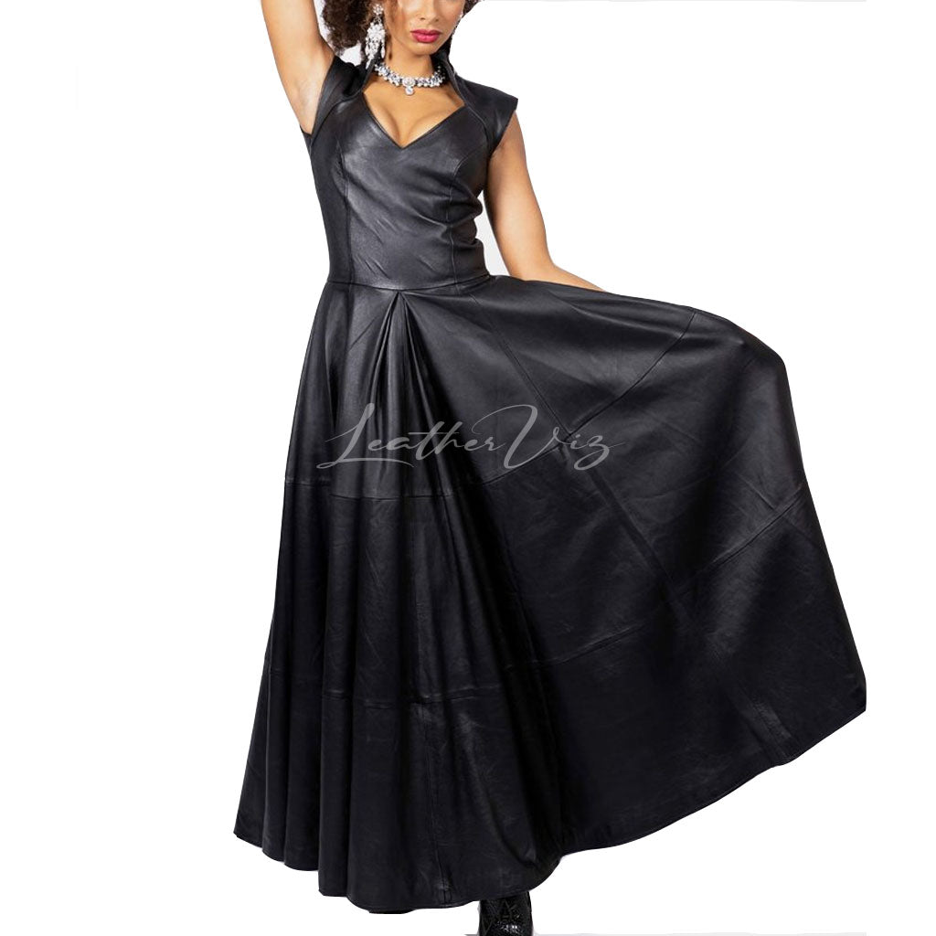 V NECKLINE HANDMADE WOMEN LEATHER GOWN