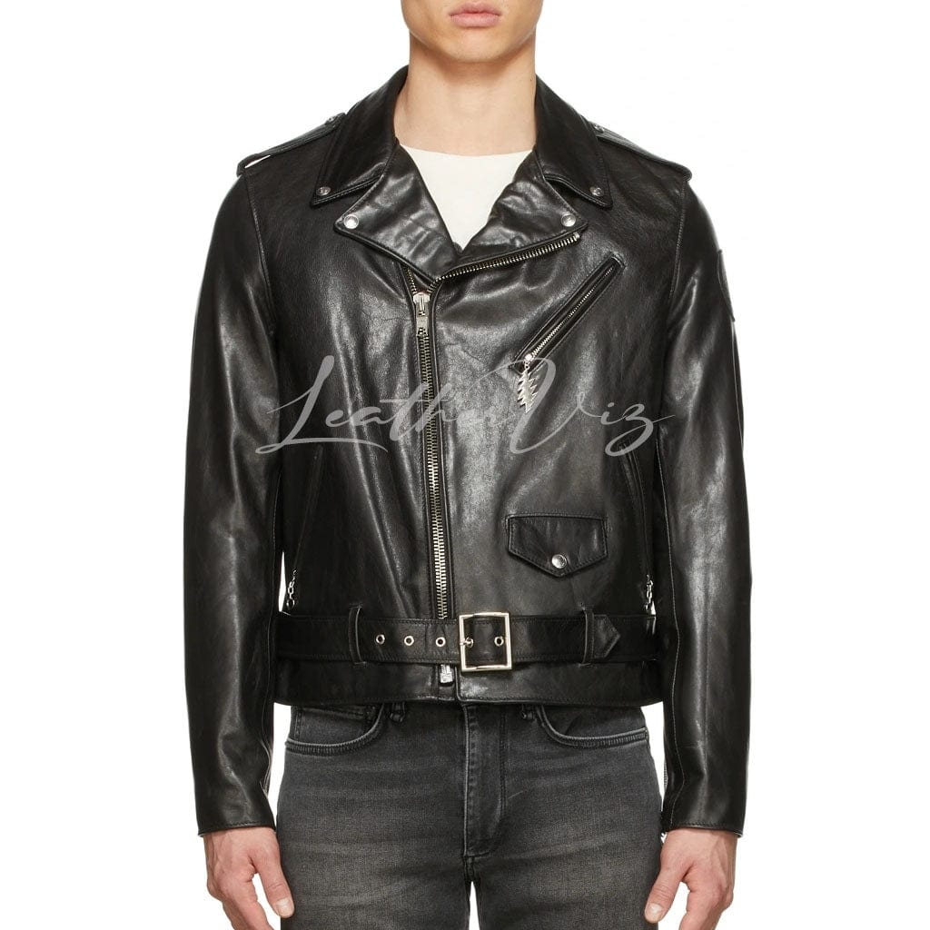 WAIST BELTED MEN MOTORCYCLE LEATHER JACKET