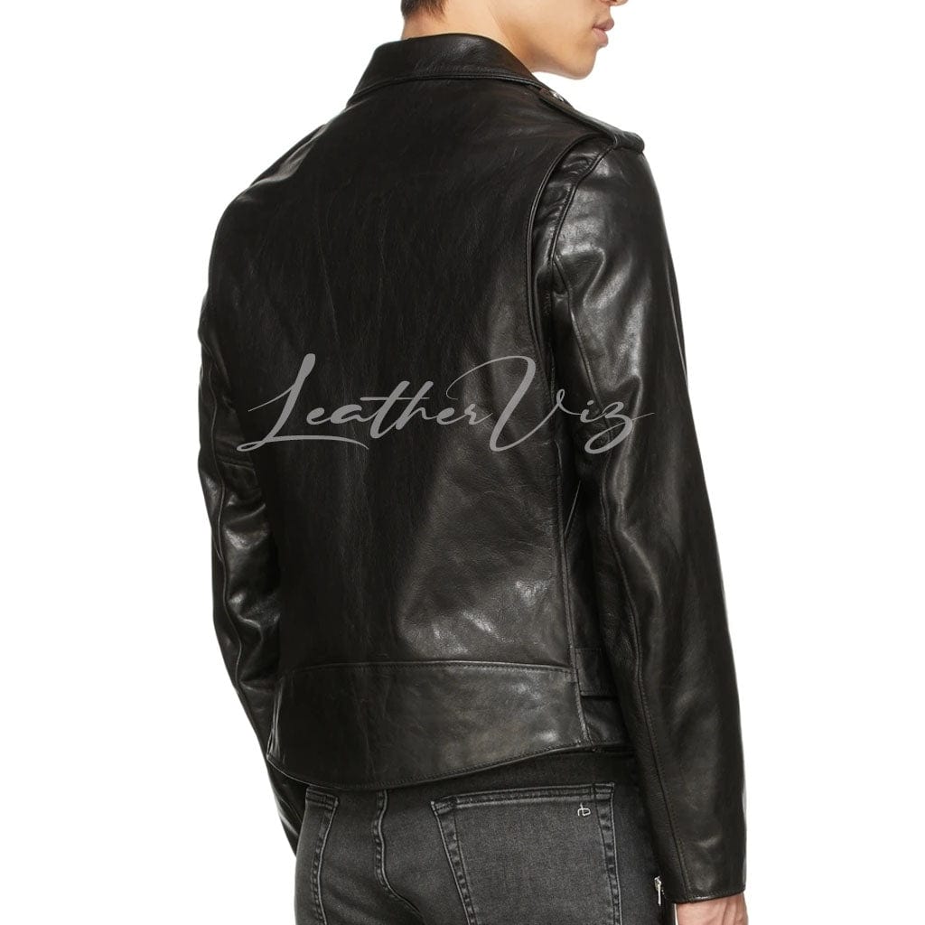 WAIST BELTED MEN MOTORCYCLE LEATHER JACKET