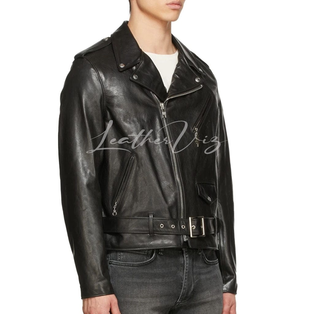 WAIST BELTED MEN MOTORCYCLE LEATHER JACKET