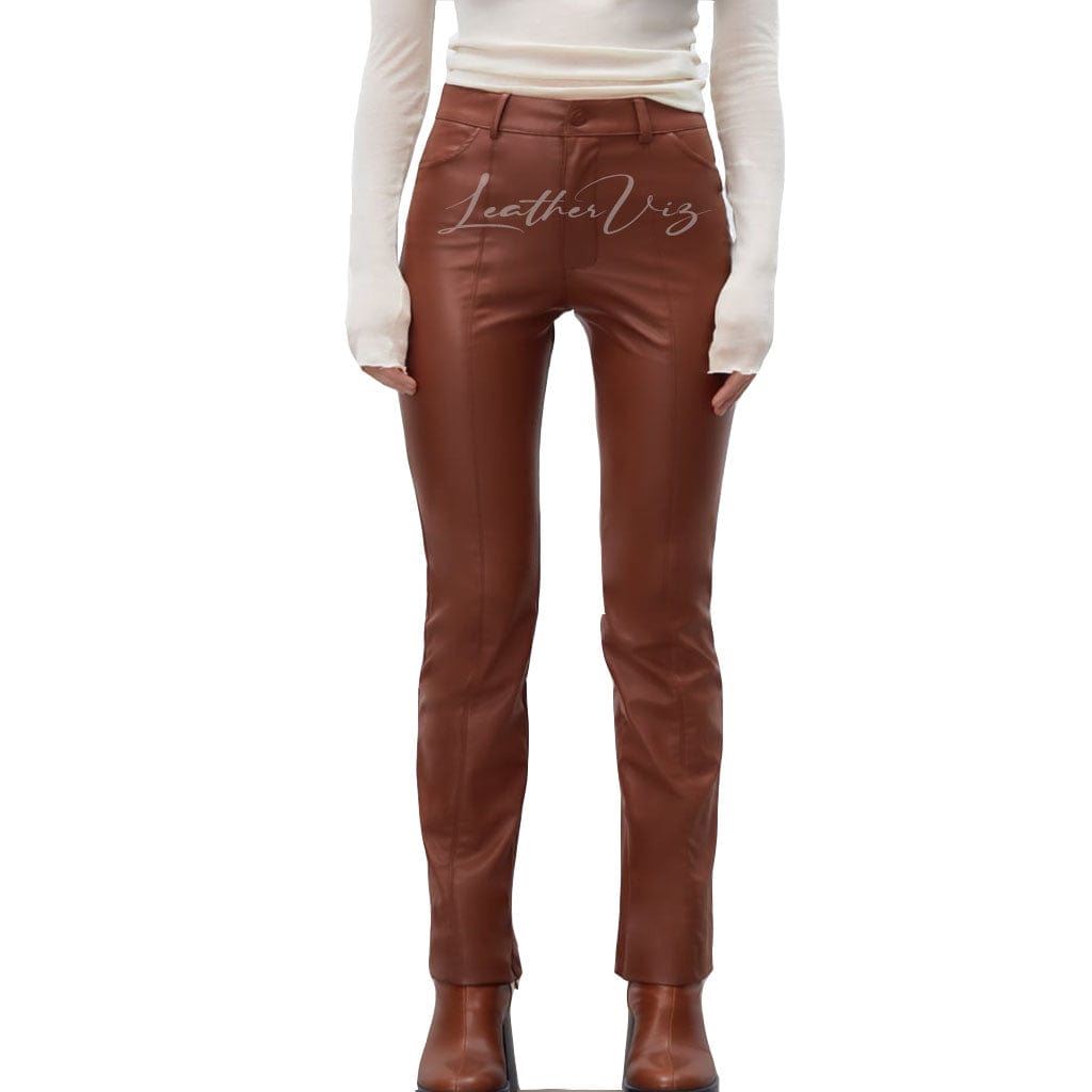 WOMEN CORPORATE STYLE LEATHER TROUSERS WITH ZIPPER HEM