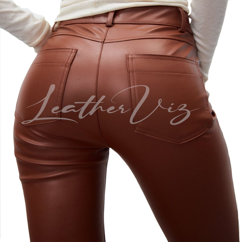 WOMEN CORPORATE STYLE LEATHER TROUSERS WITH ZIPPER HEM