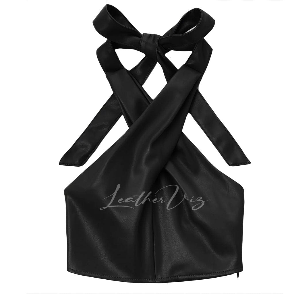 WOMEN HALTER NECKLINE LEATHER TOP FOR HALLOWEEN