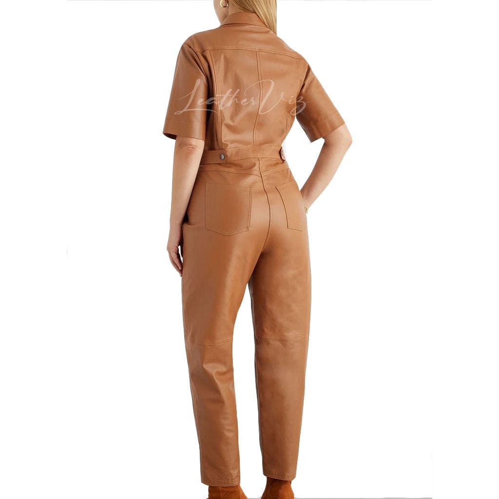 ZIPPER CLOSURE WOMEN LEATHER JUMPSUIT