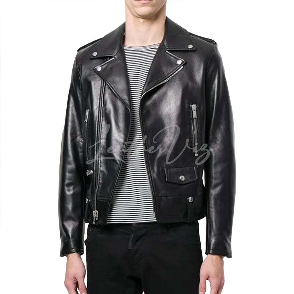 ZIPPER MEN BIKER LEATHER JACKET