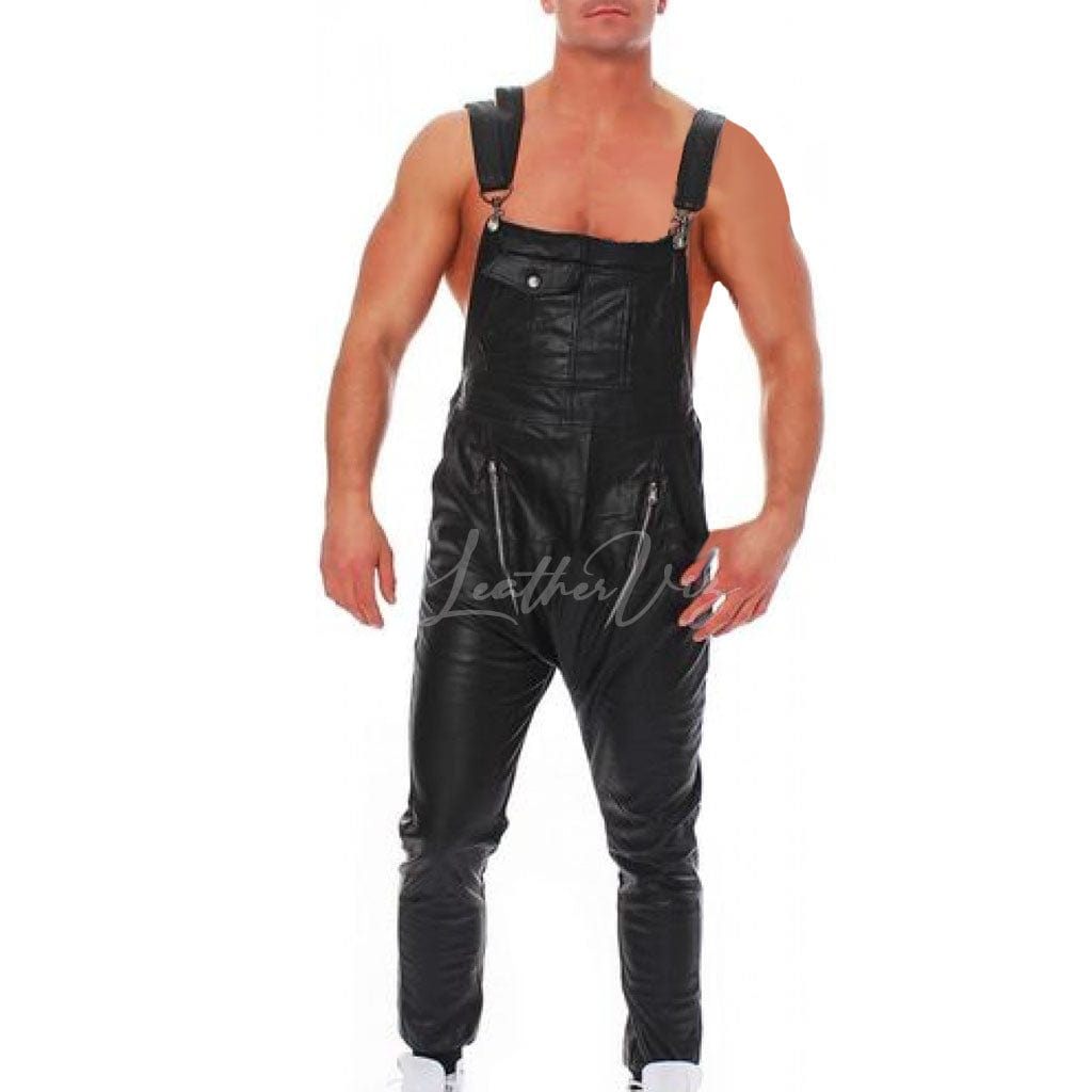 Zip Pockets Men Leather Overalls