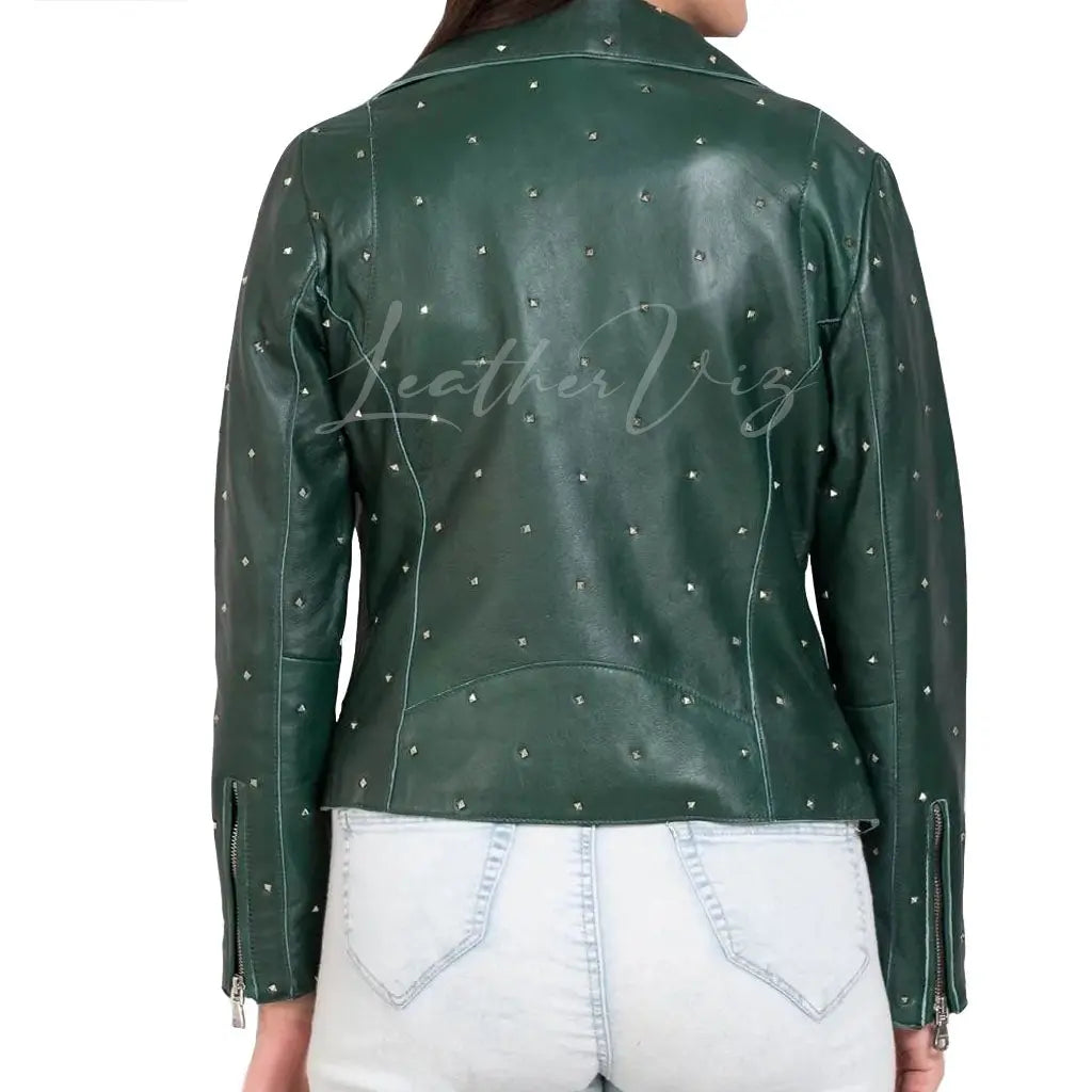 PLUS SIZE WOMENS STUDDED GREEN LEATHER JACKET - Image #2