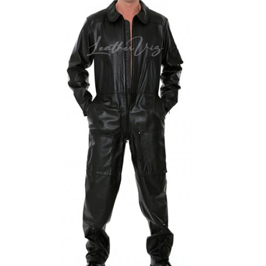 BIKER STYLE MEN LEATHER OVERALLS JUMPSUIT