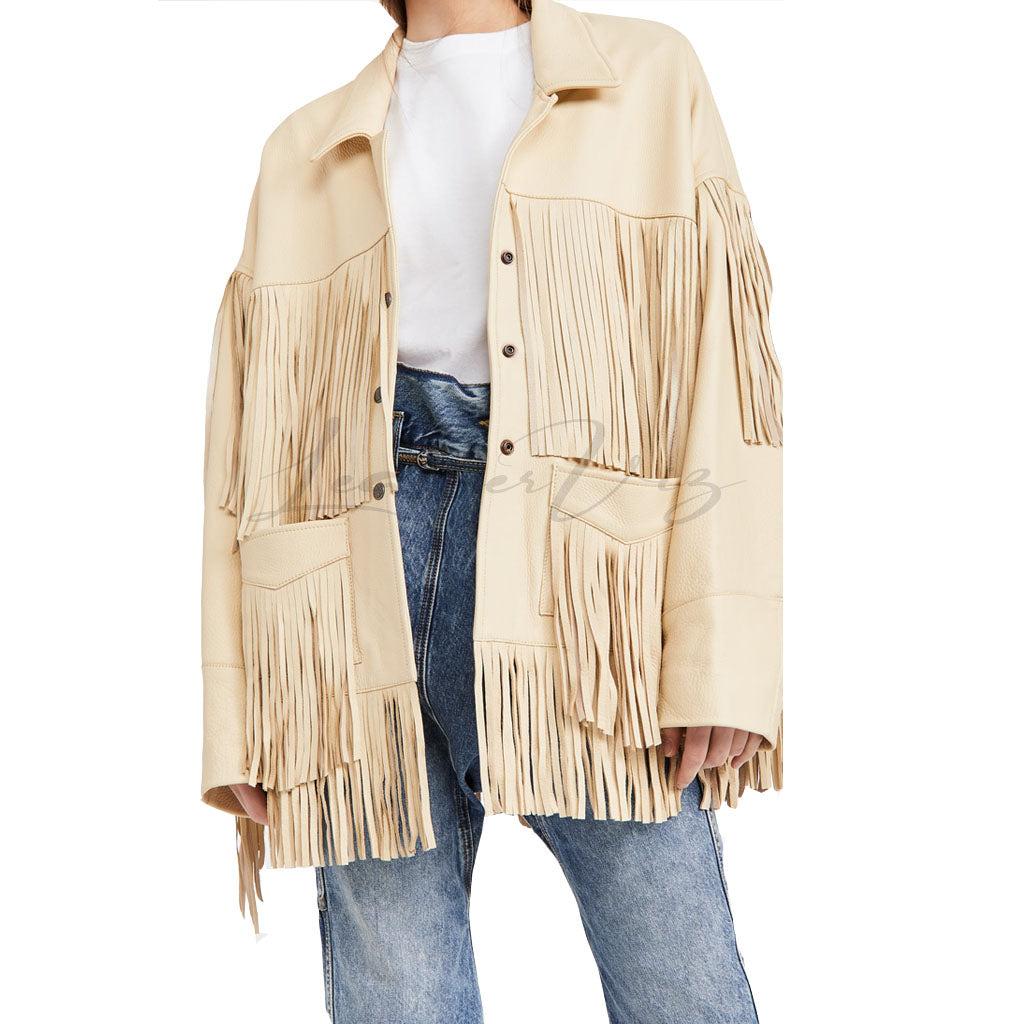 FRINGE DETAILING WOMEN LEATHER COAT - Image #1