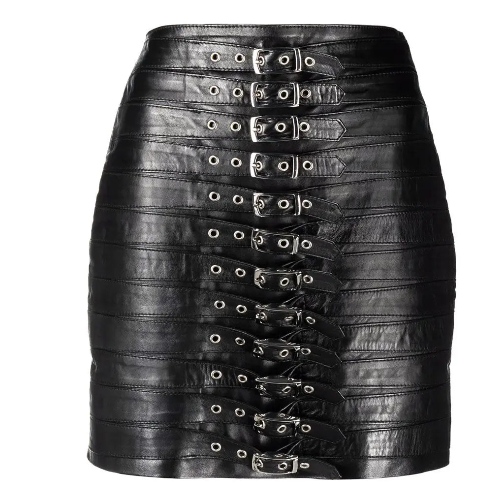 Buckle Detailing Black Leather Skirt Outfit Summer - Image #4