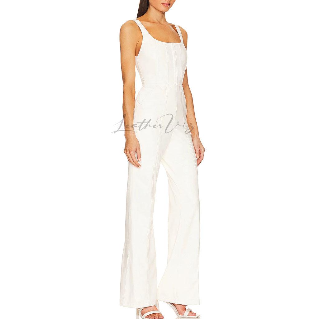 WHITE LEATHER CORSET JUMPSUIT FOR WOMEN - Image #3