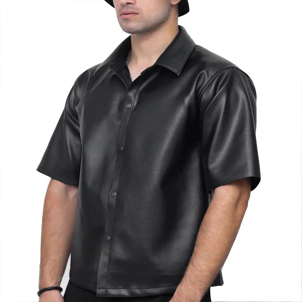 Men Short Sleeves Leather Shirt - Image #1