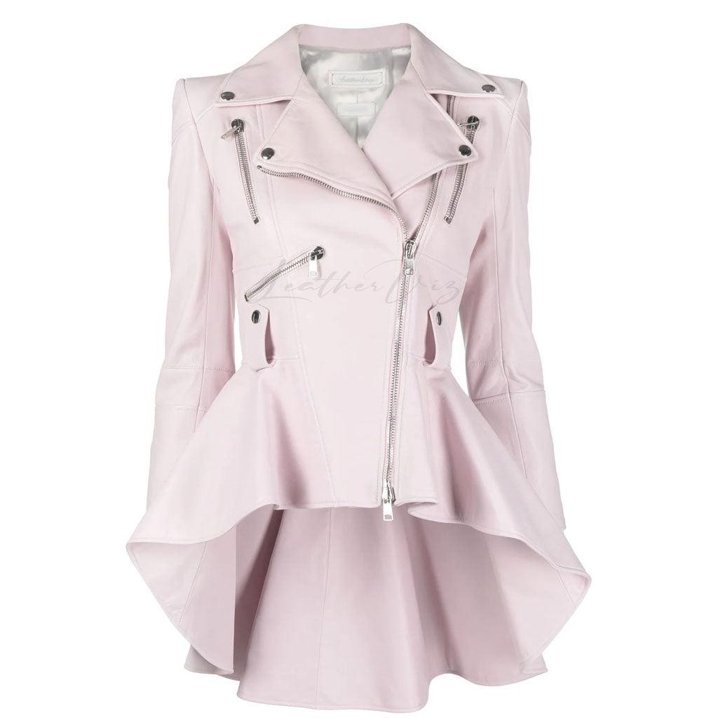 PINK PEPLUM LEATHER BIKER JACKET FOR WOMEN - Image #1